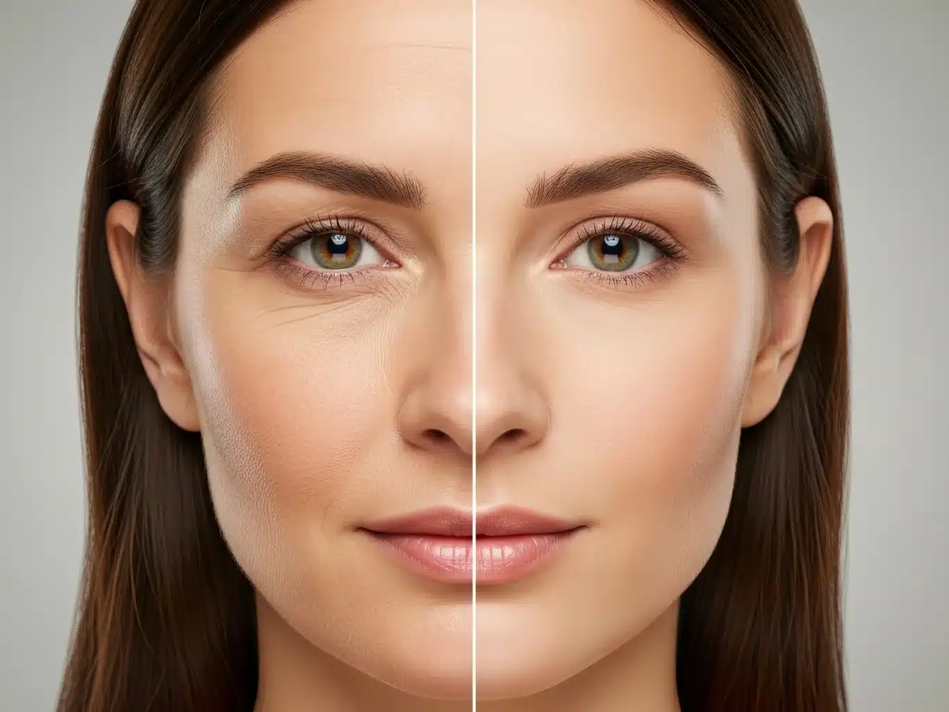 A split face comparison of a woman the left side shows visible forehead wrinkles crows feet and under-eye lines