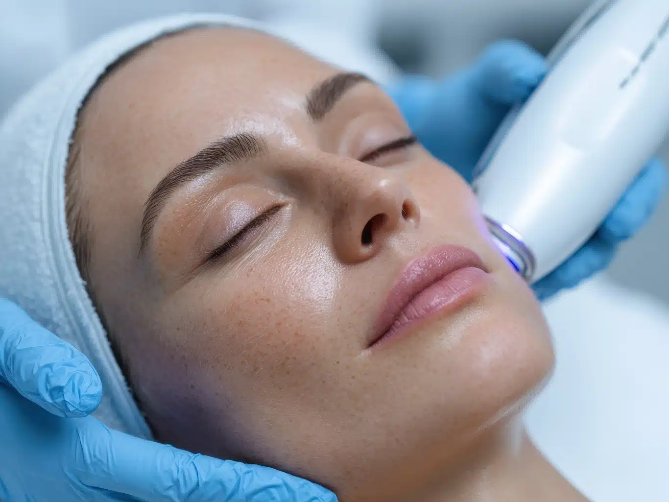Dermatology clinic focusing on cheekbones with ultrasound equipment Skincare laser procedure